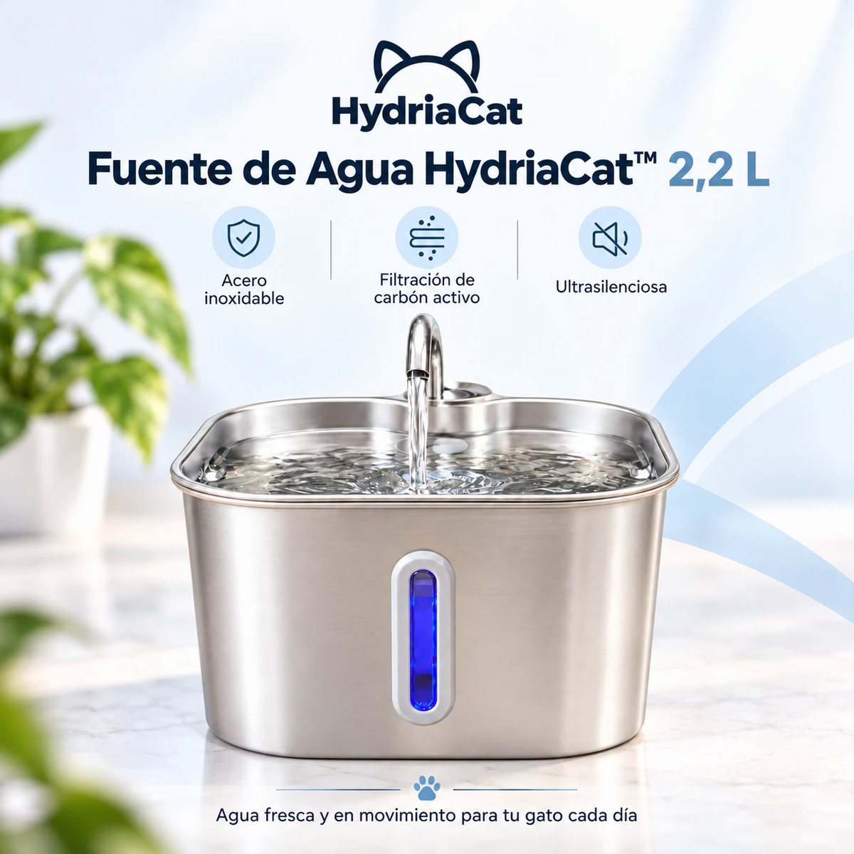 Fuente de Agua HydriaCat 2,2 L: acero inoxidable, filtración de carbón activo y ultrasilenciosa