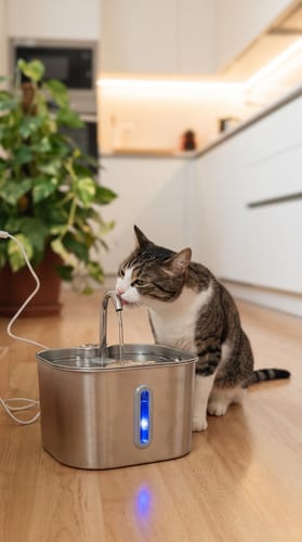 Foto de un gato bebiendo de la fuente HydriaCat enviada por una clienta